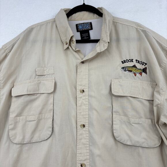 Okeefes Reef Fishing Shirt Mens Size 2XL Khaki Tan Brook Trout Button Up Vented - Picture 2 of 10